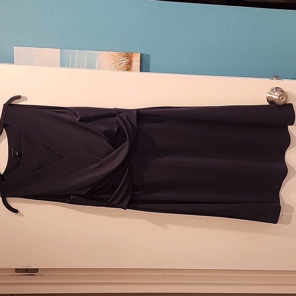 Ann Taylor Twist Front Stretch Jersey Matte Flare Knee Length Dress Navy
